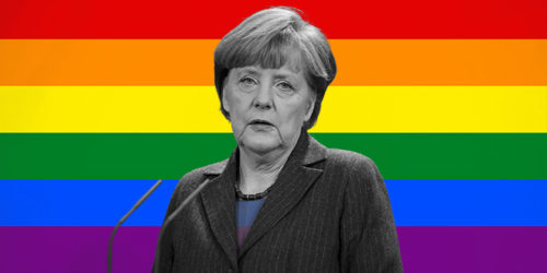 Merkel in front of Rainbow Flag