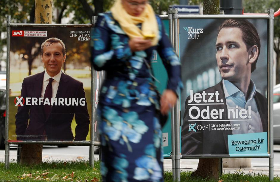 Election campaign posters of the SPOe showing Chancellor Kern and of ...